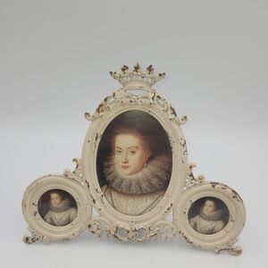 Victorian Queen crown Metal antique white Distressed Picture 3 triptych frame